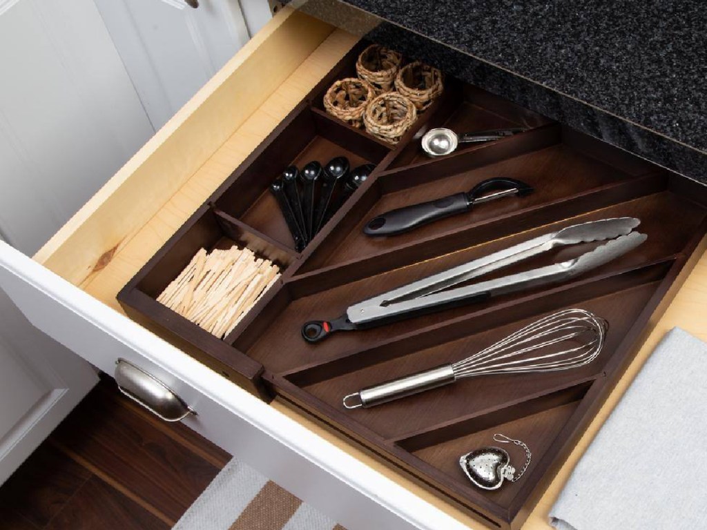 Honey Can Do Walnut Bamboo and MDF Expandable Drawer Organizer w_ Adjustable Dividers in the kitchen cabinet