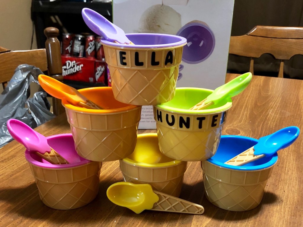 stacked set of matching ice cream cups and spoons