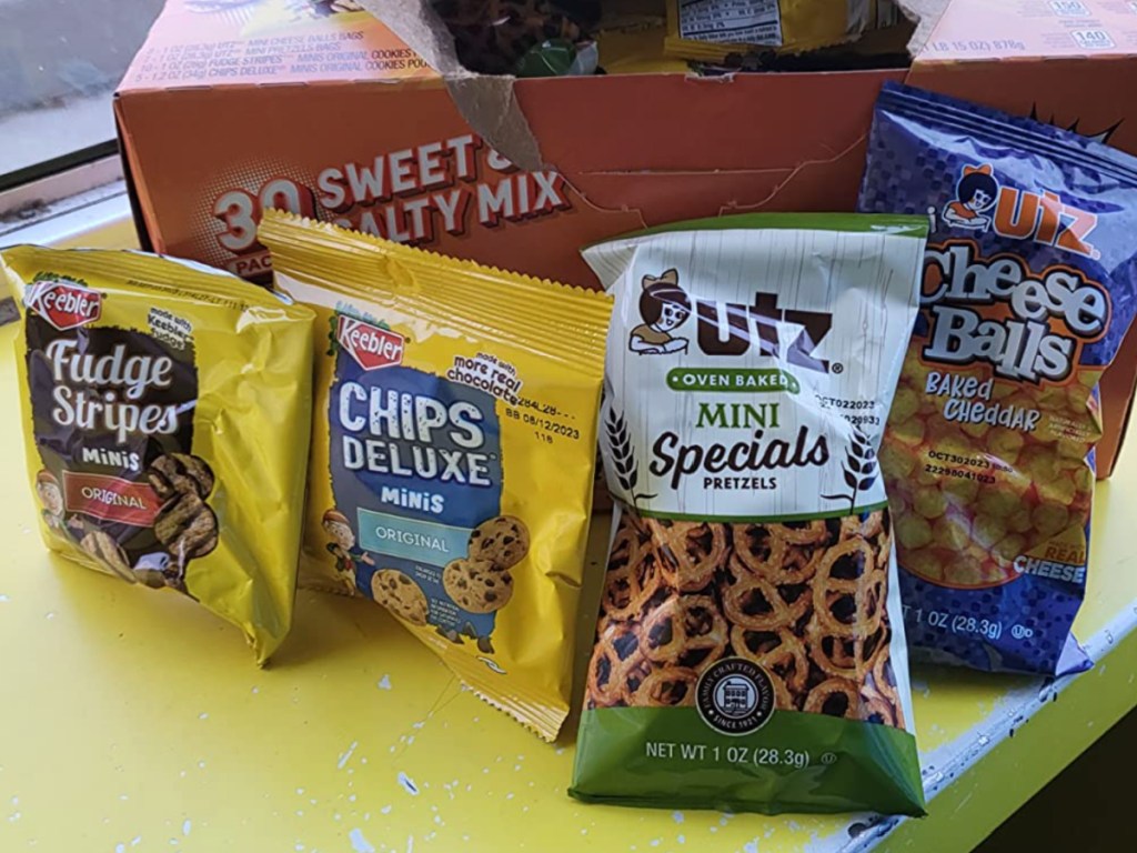 open box of Keebler Sweet Salty Mix with snack packs displayed