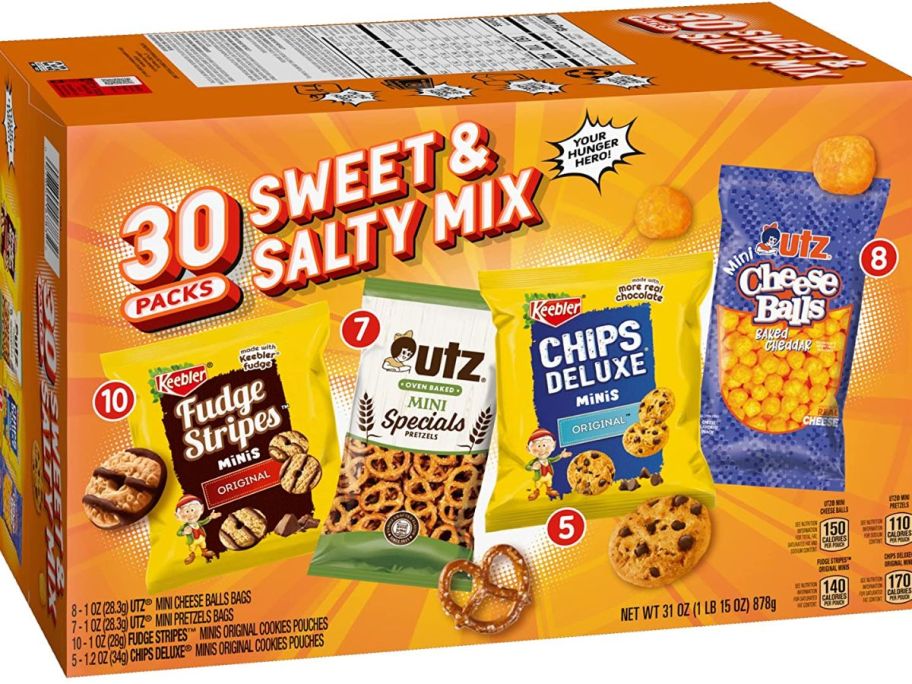 A box of snack bags from Keebler pretzels, cookies, and cheese balls.