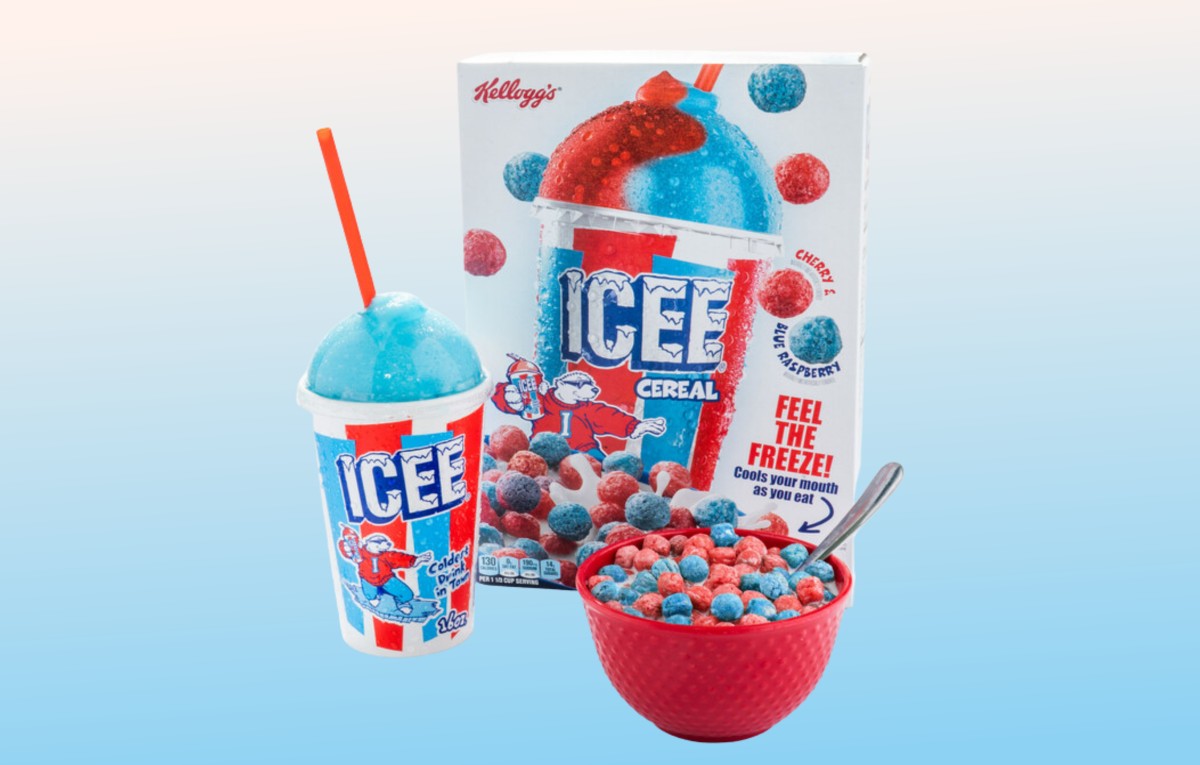 The new Kellogg's ICEE cereal box next to a bowl of cereal