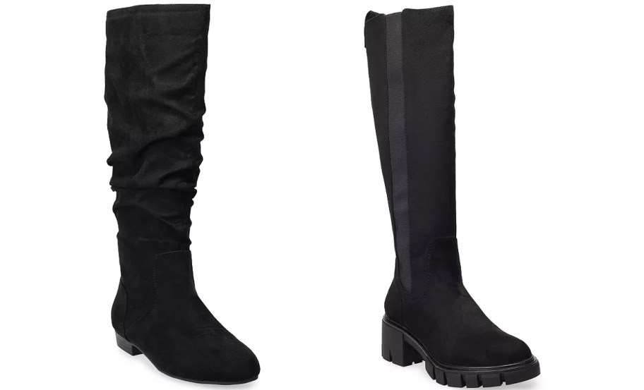 two styles of black knee-high boots