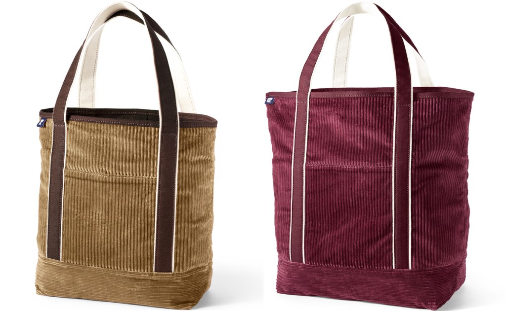 brown and red corduroy tote bags