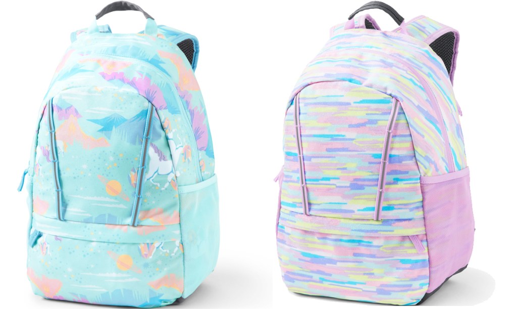 unicorn print and purple striped backpacks