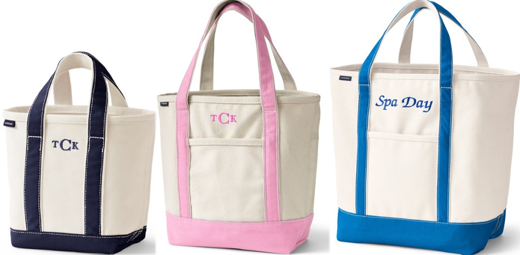 canvas bags with black, pink, and blue straps