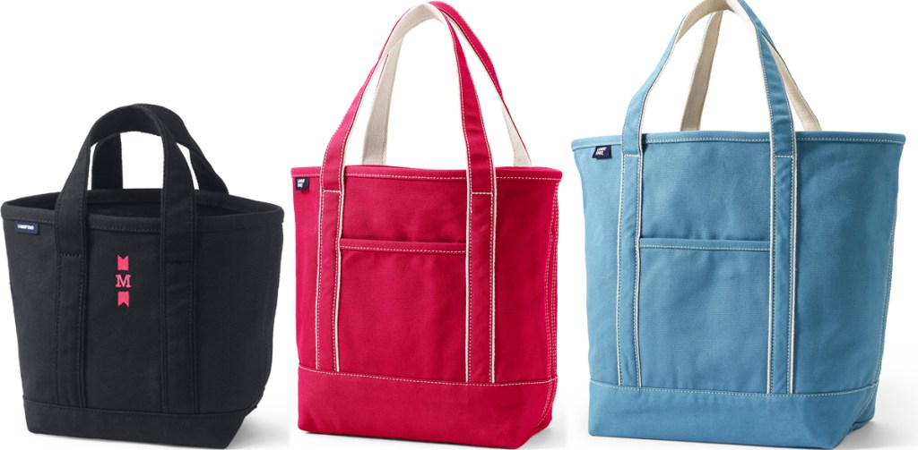 black, red, and light blue canvas tote bags