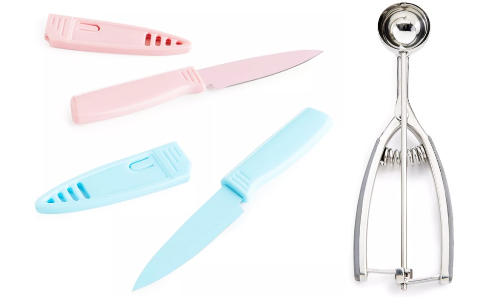 pink and blue knives and silver cookie scoop