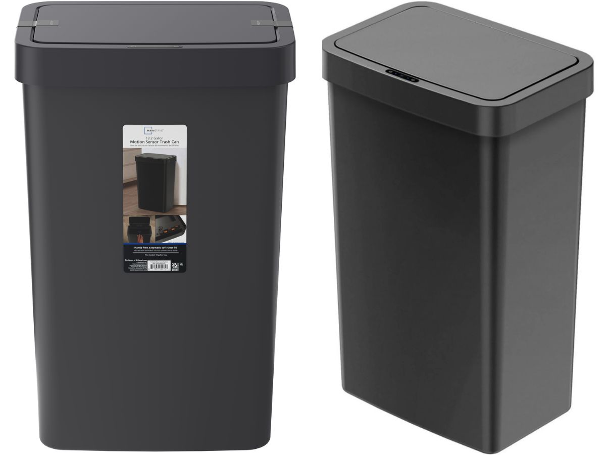 Mainstays 13.2 Gallon Plastic Trash Can, Motion Sensor Kitchen Trash Can front and side facing images views of a black plastic trash can