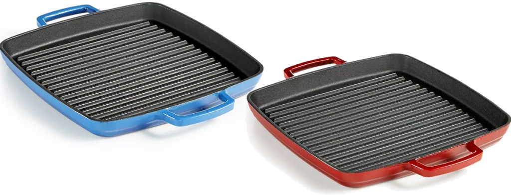 blue and red grill pans