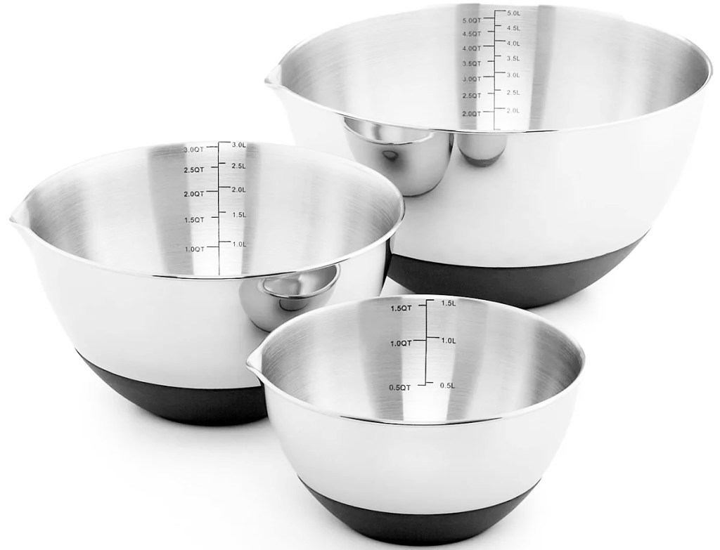 three stainless steel mixing bowls