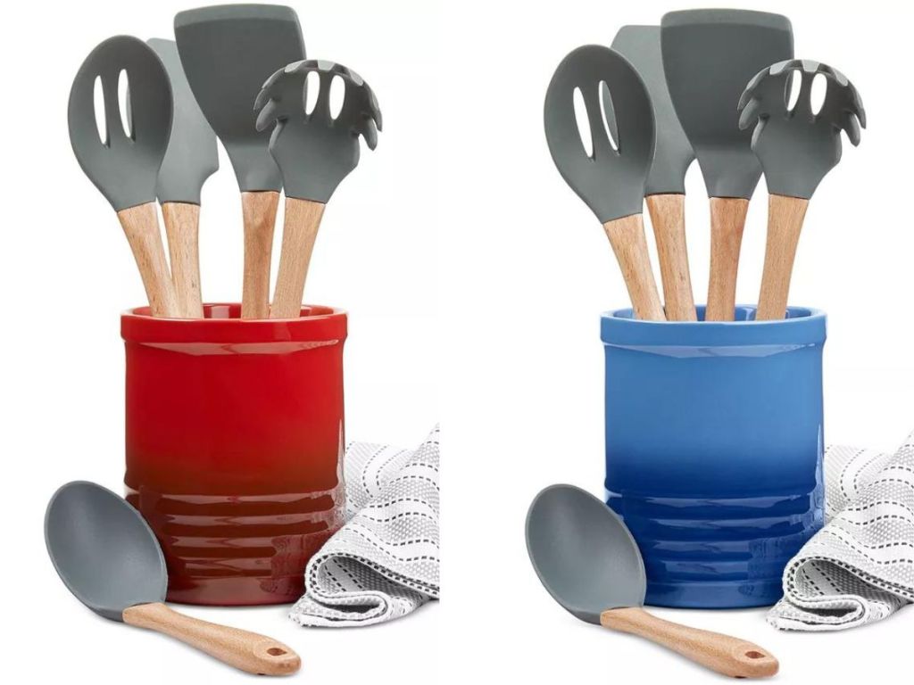 Two containers with wooden handled kitchen utensils.