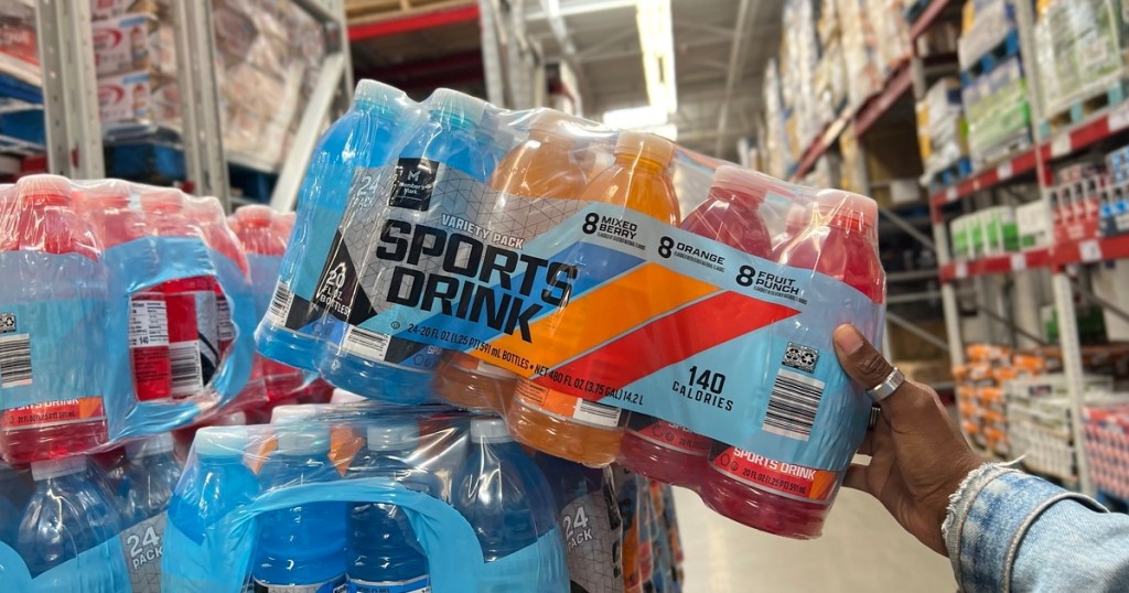 moving a case of Members Mark sports drink at Sam's Club