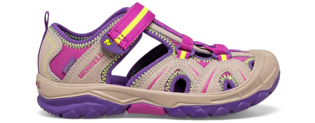 tan, purple, and pink sneaker sandals