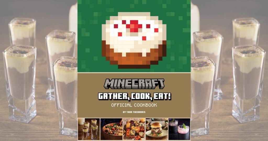 Minecraft Cookbook with images of Torch Shooters recipe in the background