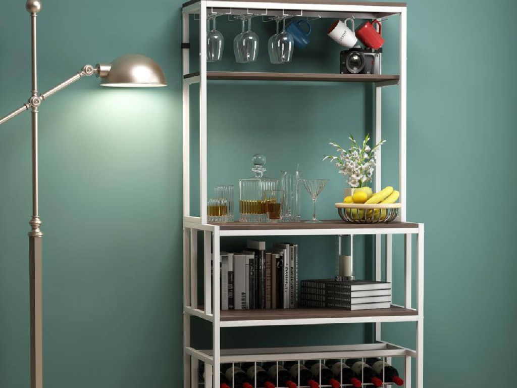 Modern 5-Tier Shelf Baker's Rack Freestanding Storage Shelf Wine Rack with accessories displayed on a green wall