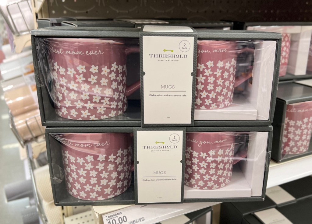 Target Mothers Day gifts include this pretty pink mug set that tells mom she's the best ever.