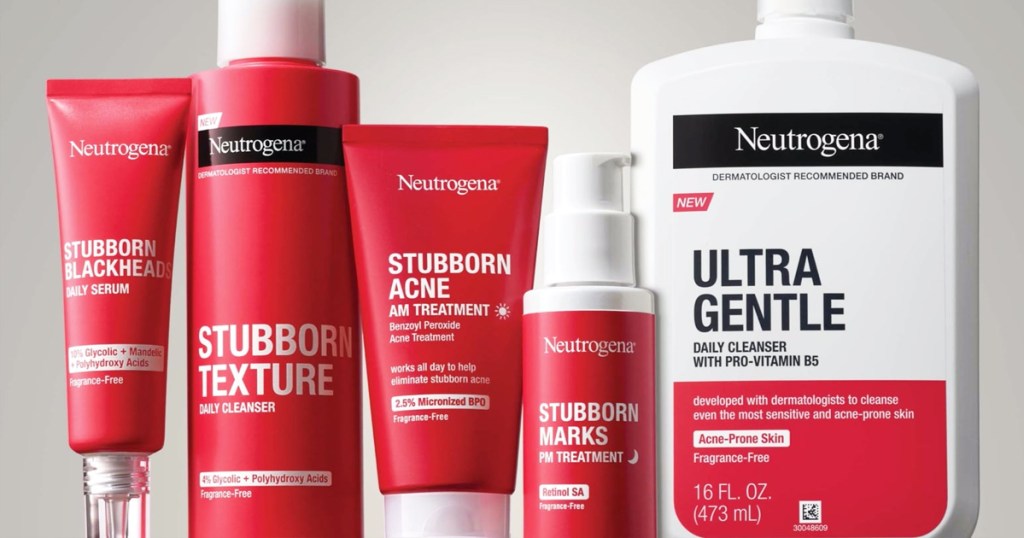 Neutrogena Stubborn Acne Products in red bottles