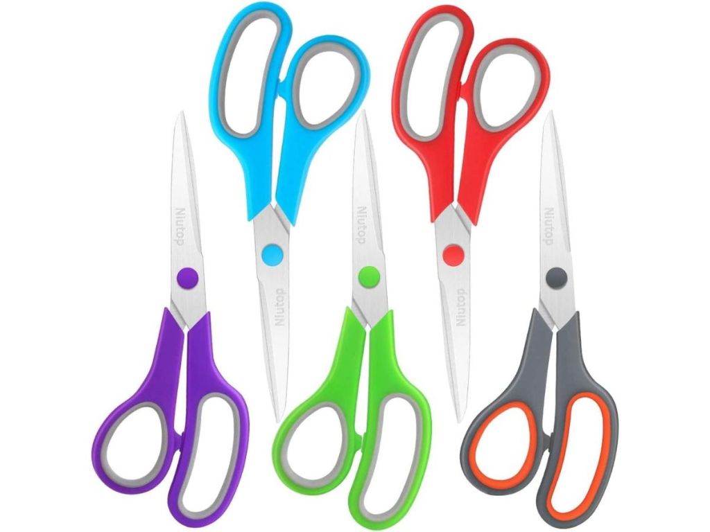 purple, blue, green, red, and gray scissors