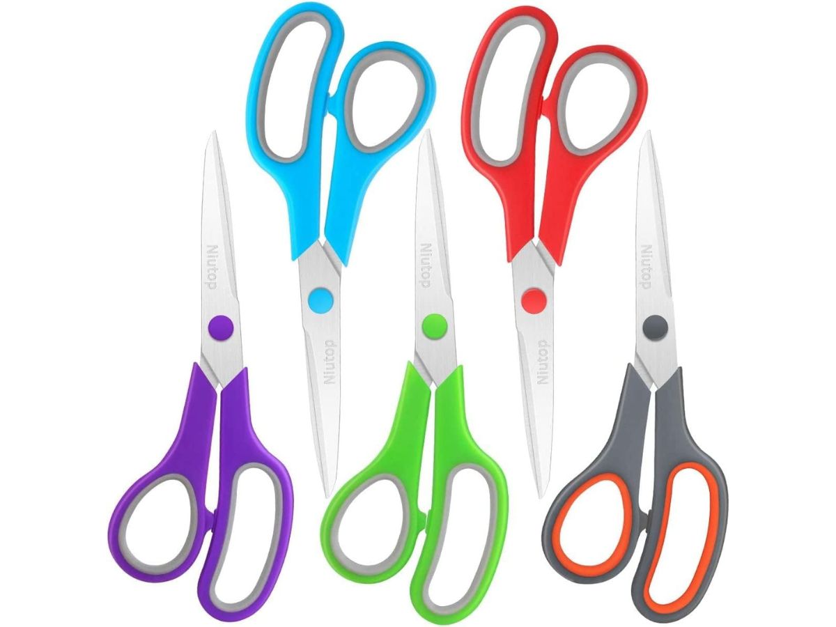 purple, blue, green, red, and gray scissors