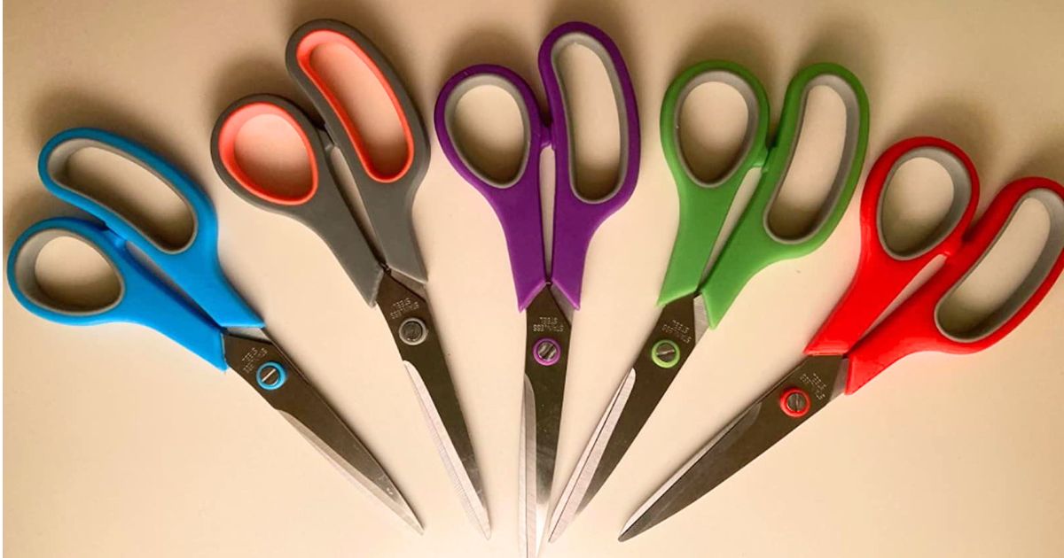 blue, gray, purple, green and red scissors