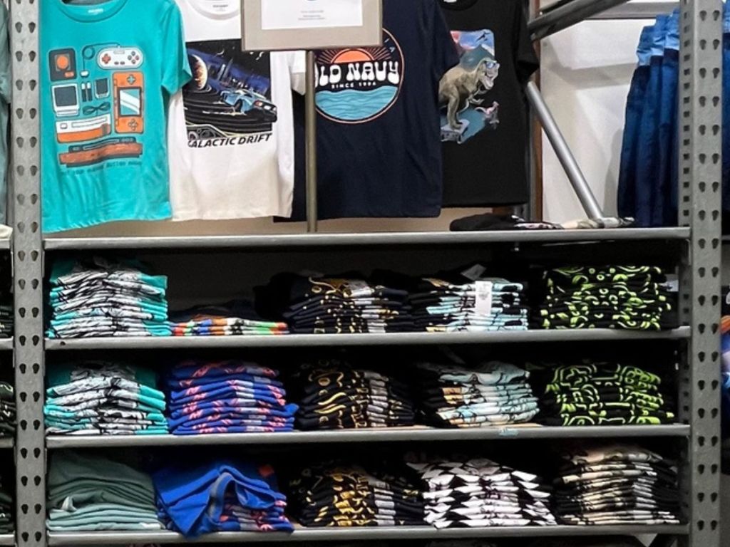 Wall of graphic tees for boys at Old Navy
