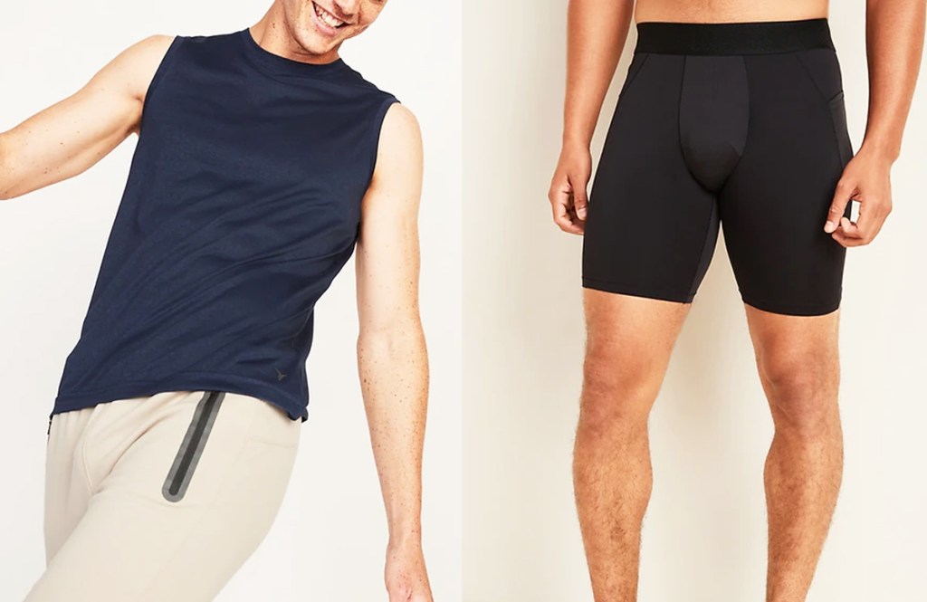 men in navy blue tank top and black shorts