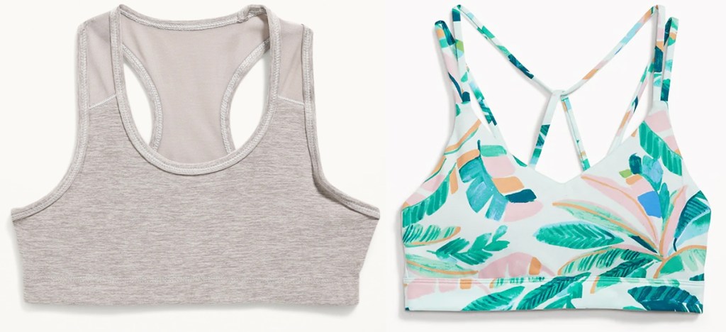 solid grey and green palm print sports bras