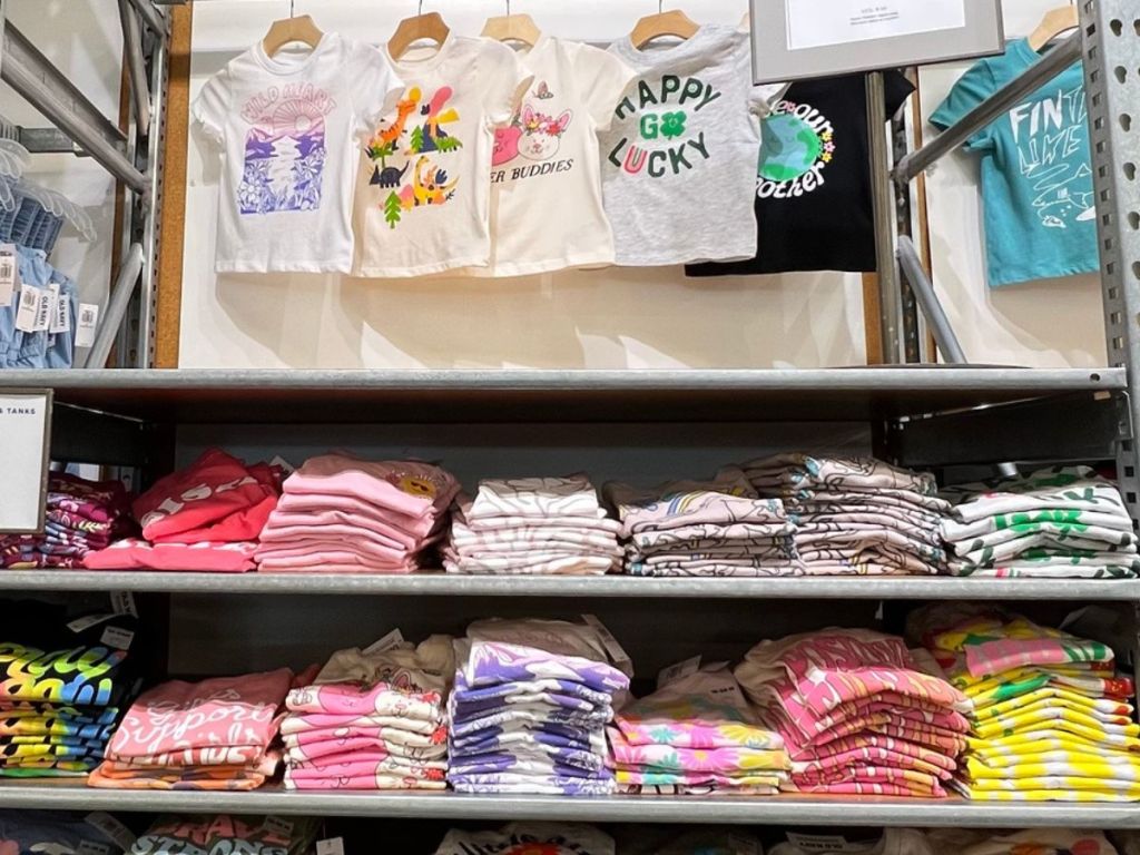 wall of graphic tees for toddler girls at Old Navy