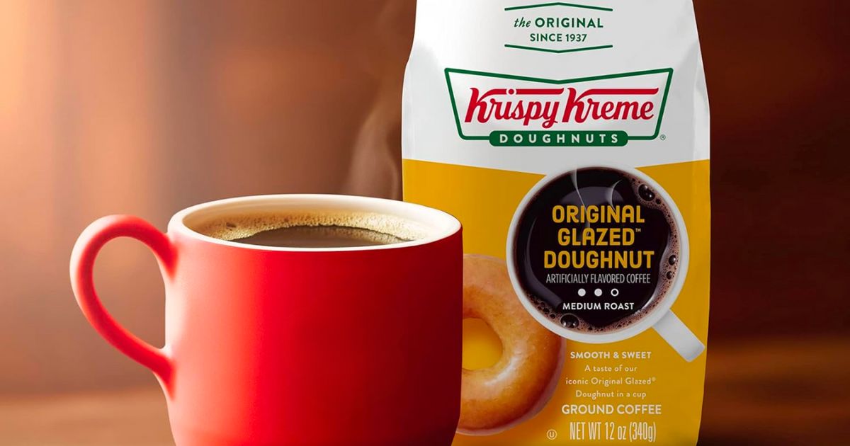 a bag of Original Glazed Donut Ground Coffee pictured with a red coffee cup