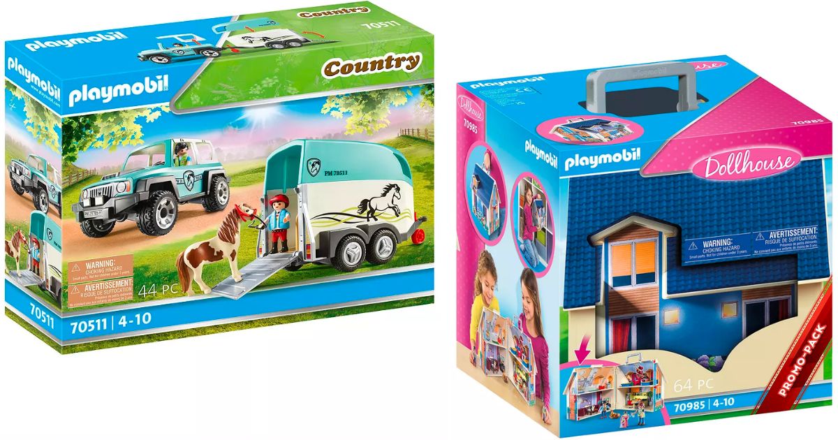 PLAYMOBIL Car with Pony Trailer and dollhouse case stock images