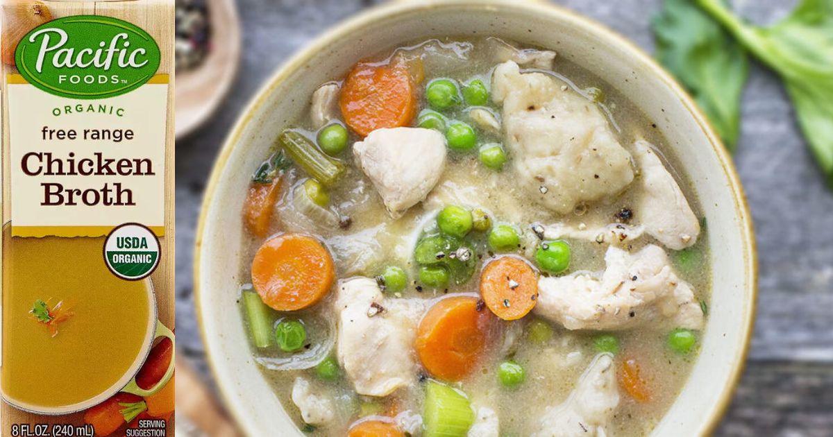 A box of chicken broth and a bowl of chicken and dumplings soup