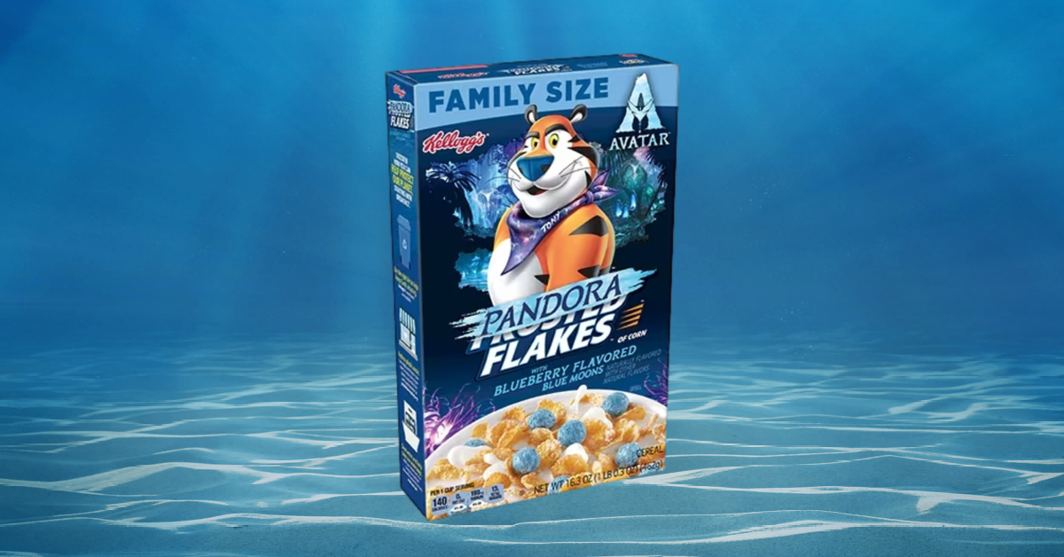 A Box of Kelloggs Pandora Flakes Cereal released in honor of Avatar: The Way of Water