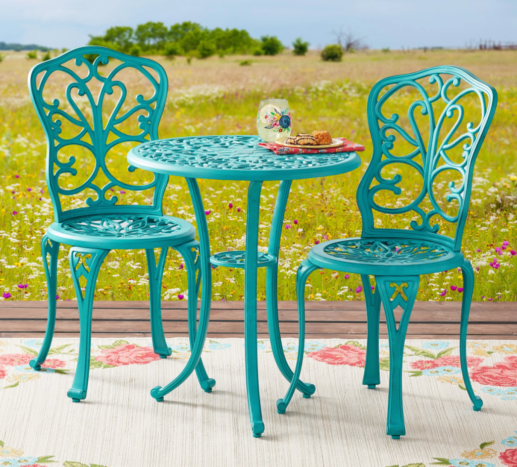 Blue Patio Furniture from The Pioneer Woman displayed outdoors on a back porch