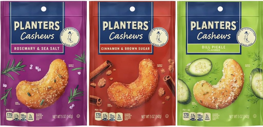 stock images of 3 bags of Planter's flavored cashews