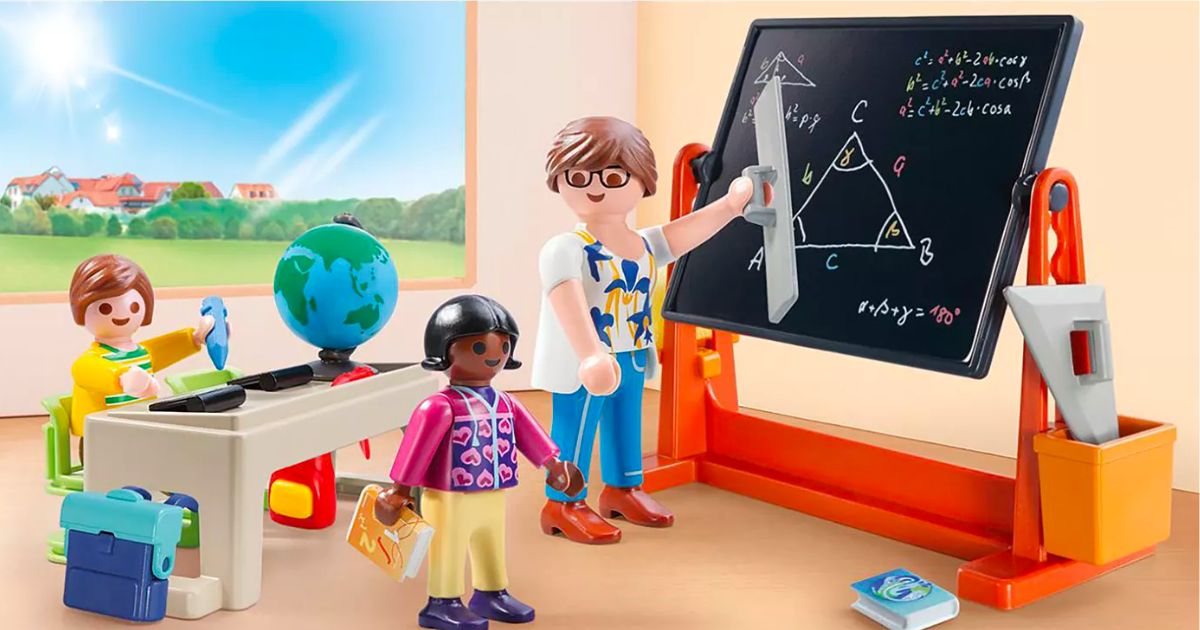 Playmobil school carry case figures in a classroom