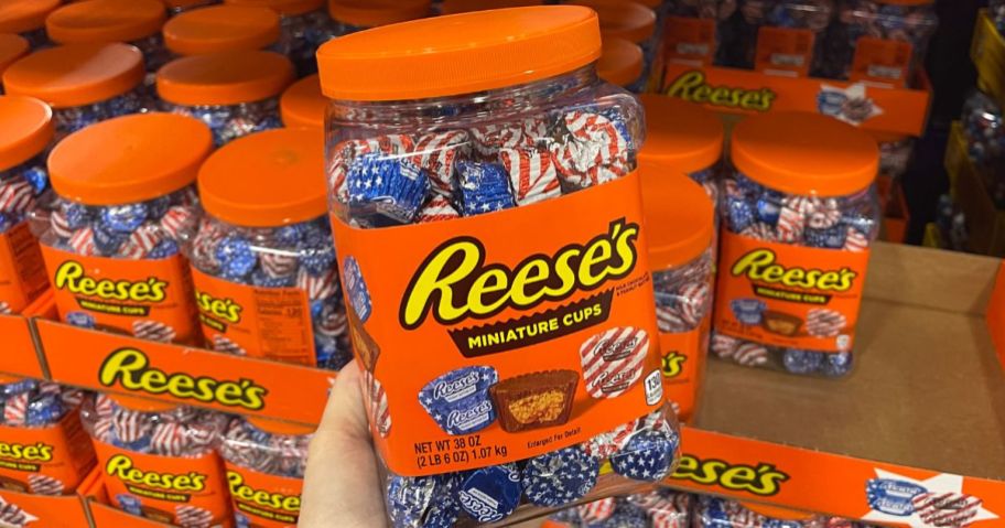 A hand holding Reese's Red, White, and Blue Miniatures Peanut Butter Cups 38oz Jar 