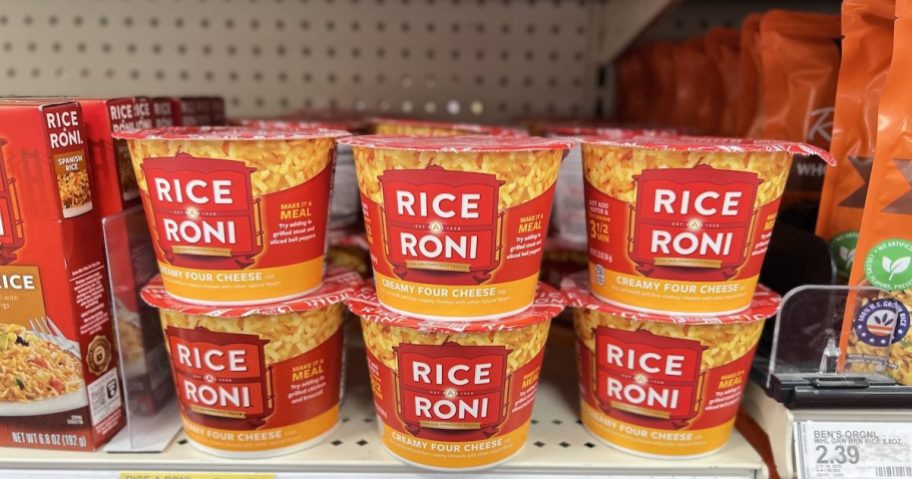 Row of Rice-A-Roni A Roni Creamy Four Cheese Rice Cups 
