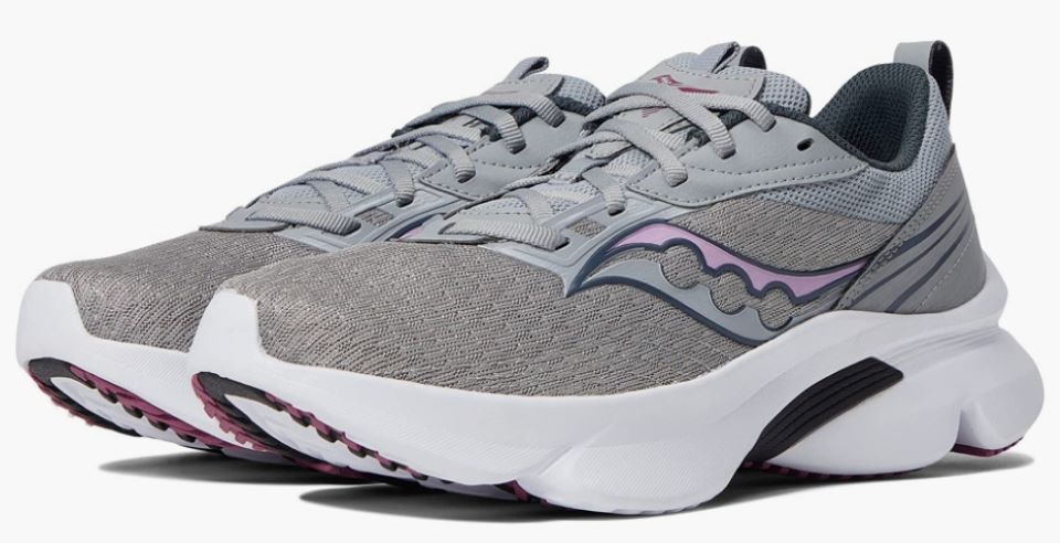 Pair of grey running shoes with a white sole