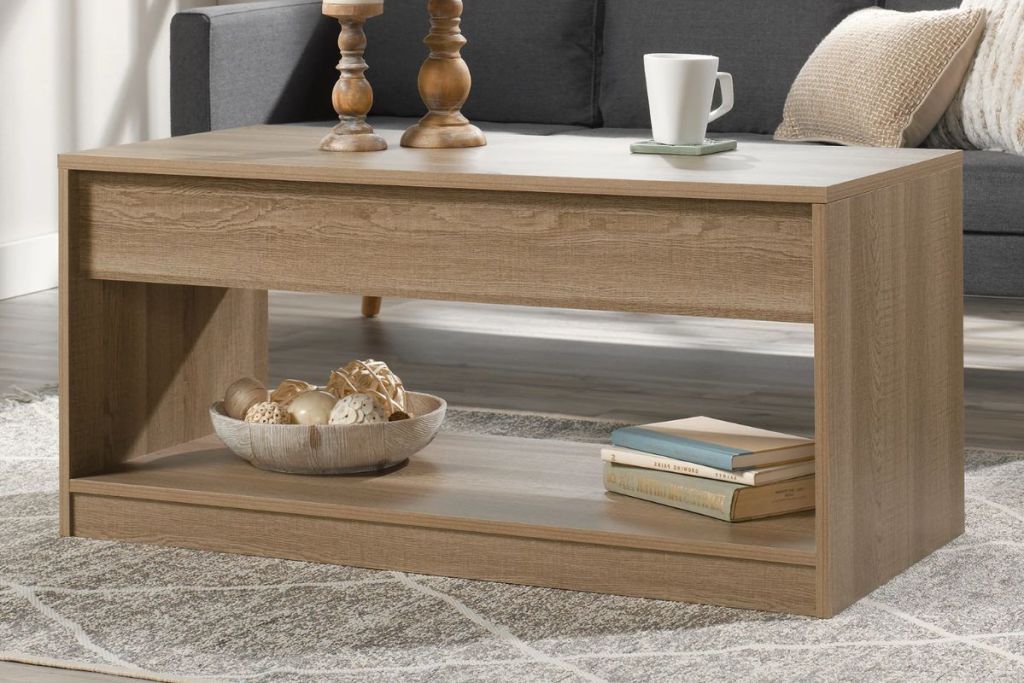 Sauder Beginnings Lift Top Coffee Table, Summer Oak Finish shown with the lift-top down