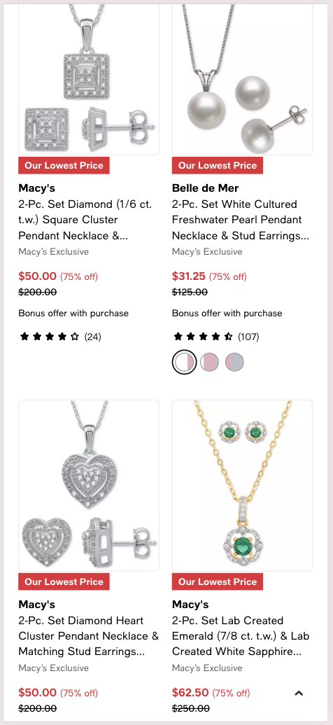 Jewelry sale showcasing various necklace and earring sets. Includes diamond square, heart clusters, pearl, and emerald designs, each with 75% off and customer ratings.