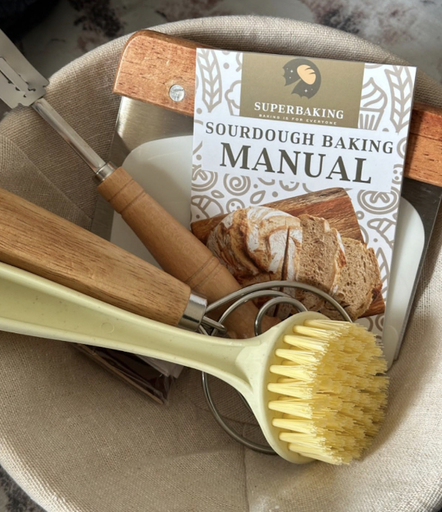 sourdough starter kit supplies in bread bowl