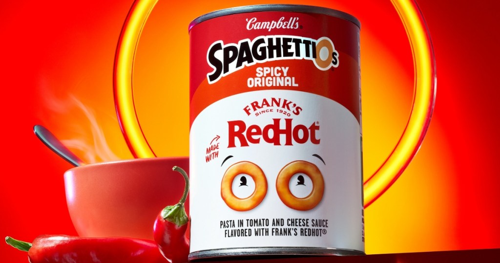 can of Franks Red Hot Spaghetti-O's next to red bowl