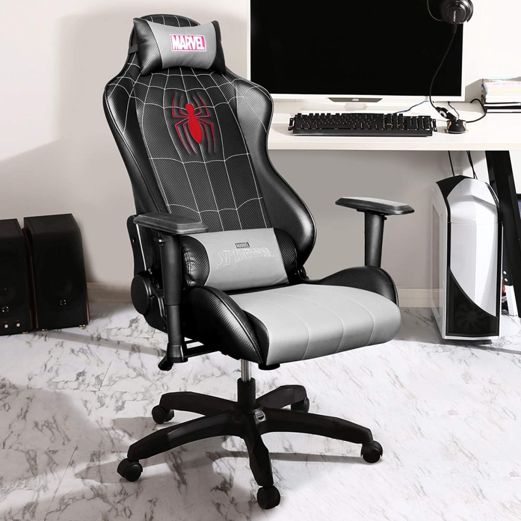 The Spiderman Marvel gaming chair in a home office