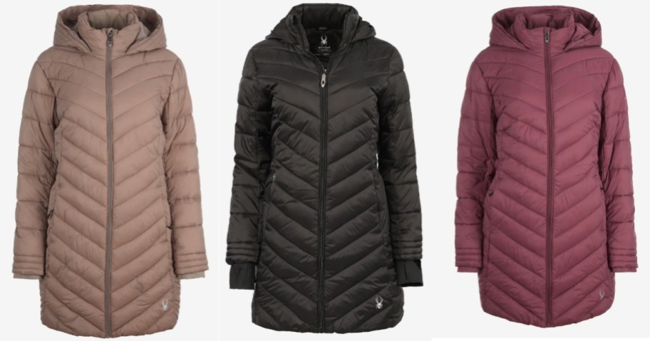 tan, black and maroon colored long puffer jackets