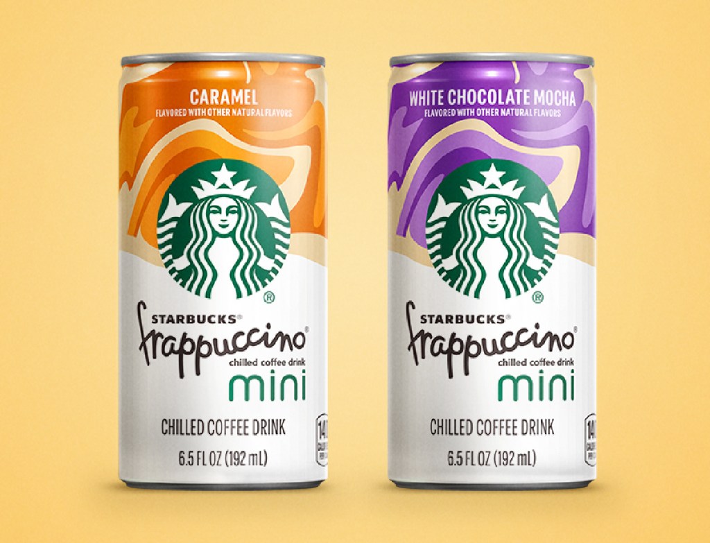 Two cans of starbucks frappuccino mini chilled coffee drinks in white chocolate mocha and caramel