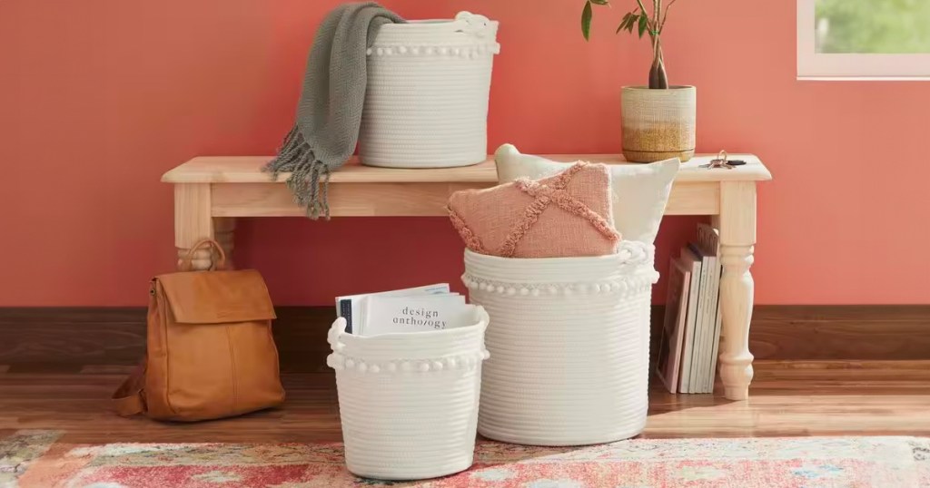 StyleWell Round Cotton Rope White Pom-Pom Storage Baskets 