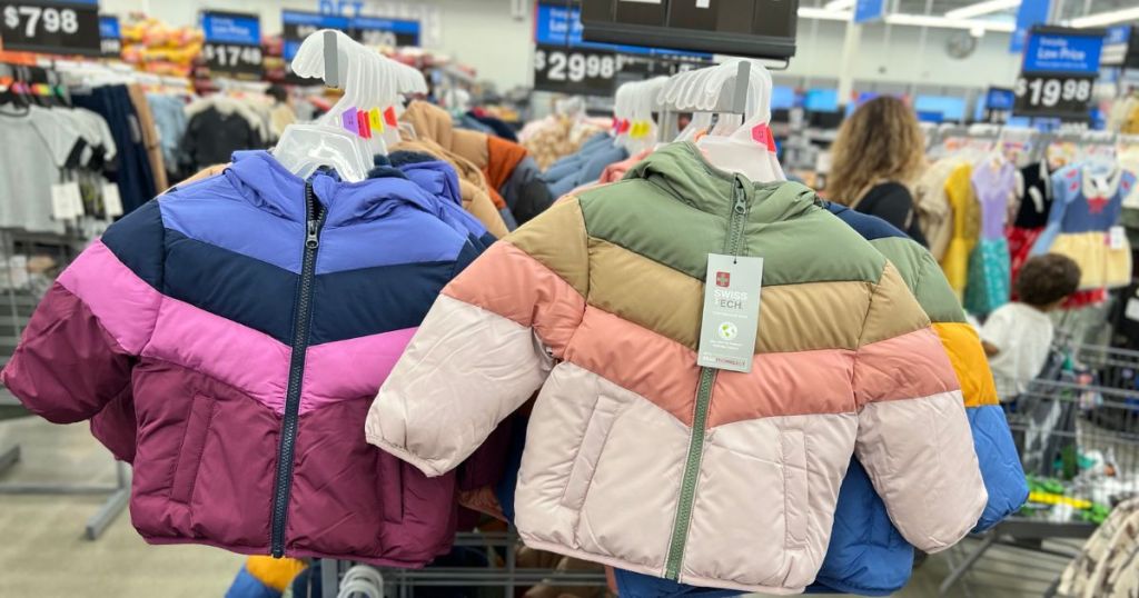 Swiss Tech Kid's Puffer Jackets on a rack at Walmart