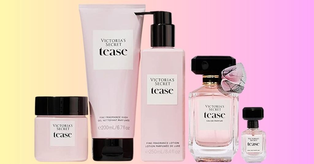 Victoria's Secret Tease Eau de Parfum 5-Piece Gift Set with yellow and pink background