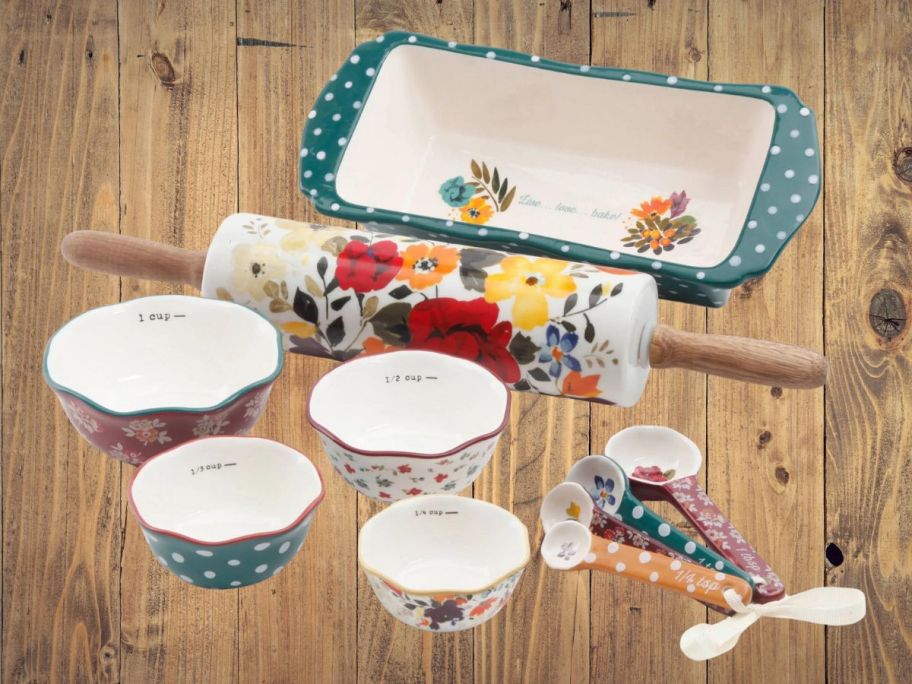 The Pioneer Woman Harvest Ceramic Bakeware Set, 10 Piece on counter