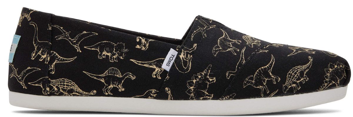 black and gold dinosaur TOMS shoe